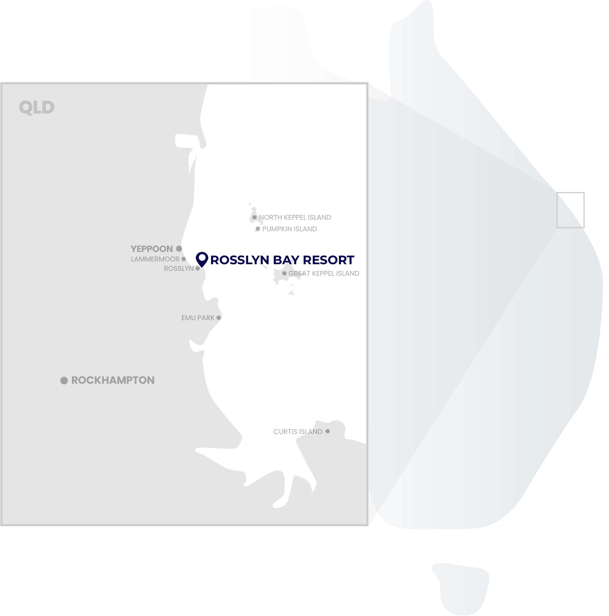 Map showing Rosslyn Bay Resort location on the Capricorn Coast, near Yeppoon, Kemp Beach, and Rosslyn Bay Marina